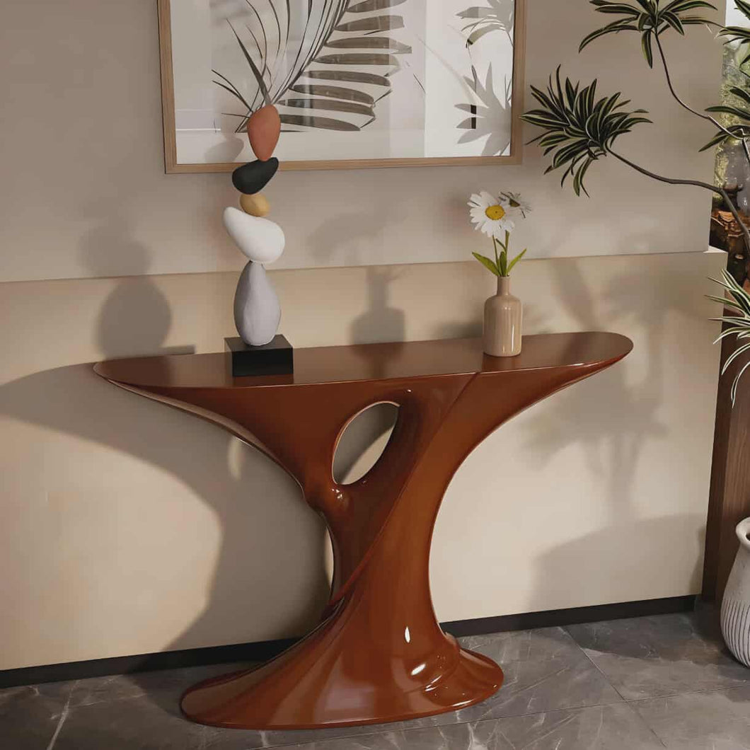 Contemporary Art Fiberglass Brown Console Table with Curved Organic Design and Gloss Finish