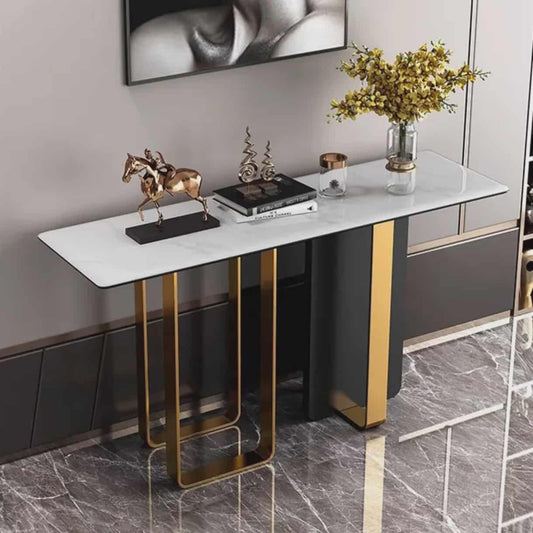 Modern White Marble Console Table with Black and Gold Stainless Steel Legs