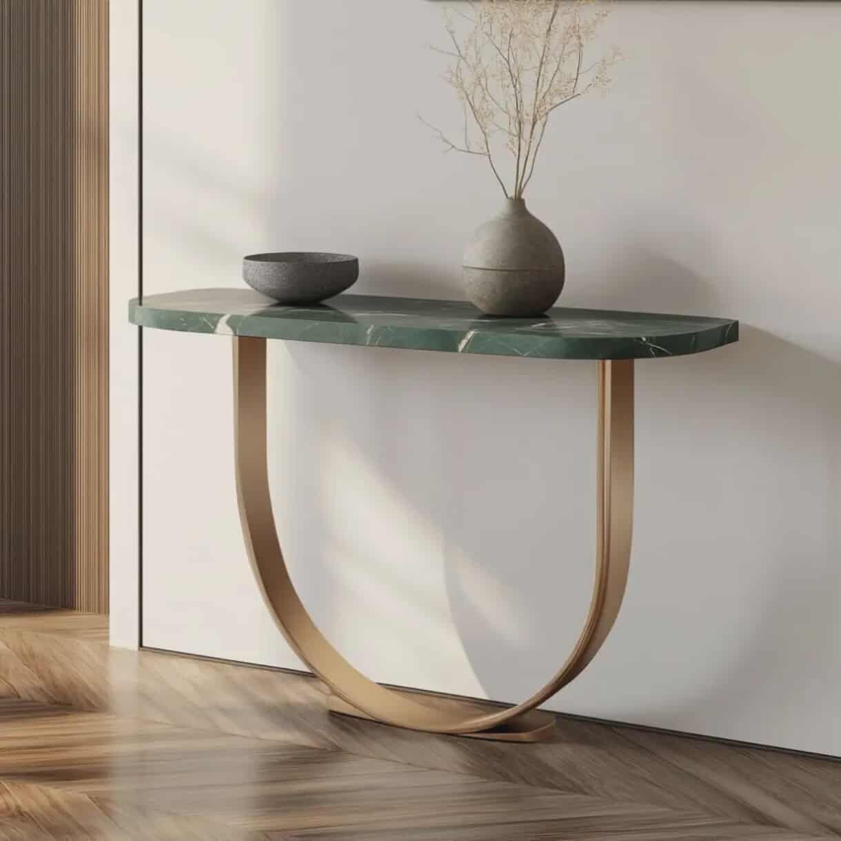 Modern Italian Green Marble Console Table with Gold Stainless Steel Base