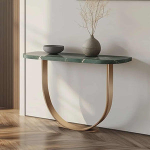 Modern Italian Green Marble Console Table with Gold Stainless Steel Base