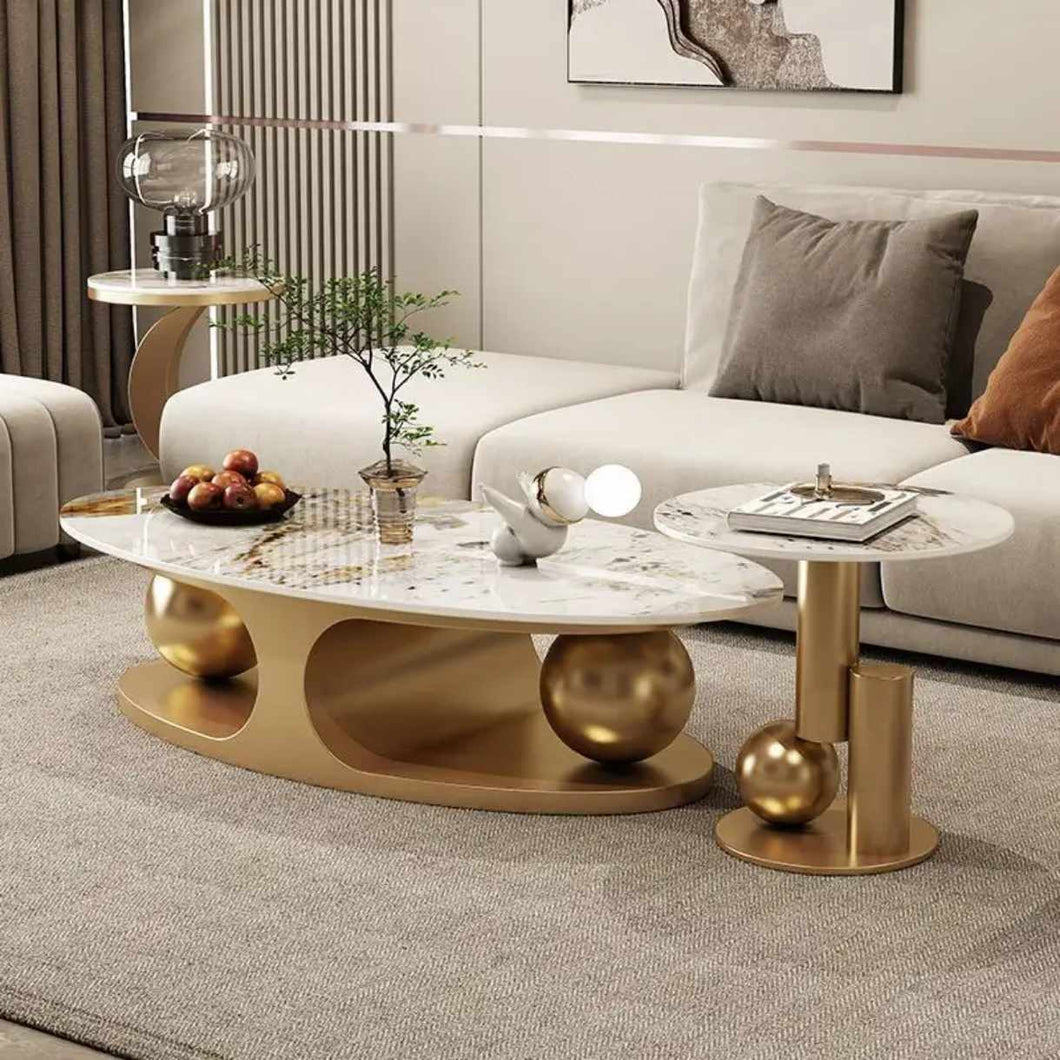 Italian Style Glossy Stone Oval Coffee Table Set Modern Design