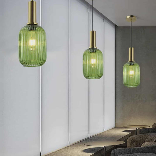Modern Ribbed Green Glass Pendant Light
