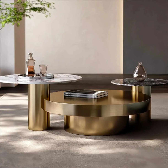 European Style Marble Table Interior Round Coffee Table Set of 3PCS Italy Top Stone Metal Gold Luxury