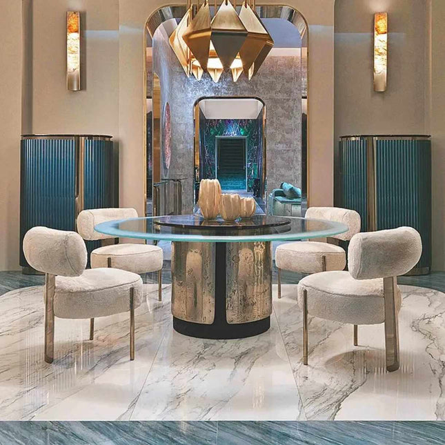 Modern Luxury Round Dining Table Chairs Tempered Glass Real Marble Top Rotating Center