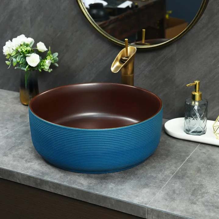 Modern Blue Round Porcelain Basin – Luxury Countertop Vessel Sink for Bathroom Vanity, Home, and Hotel