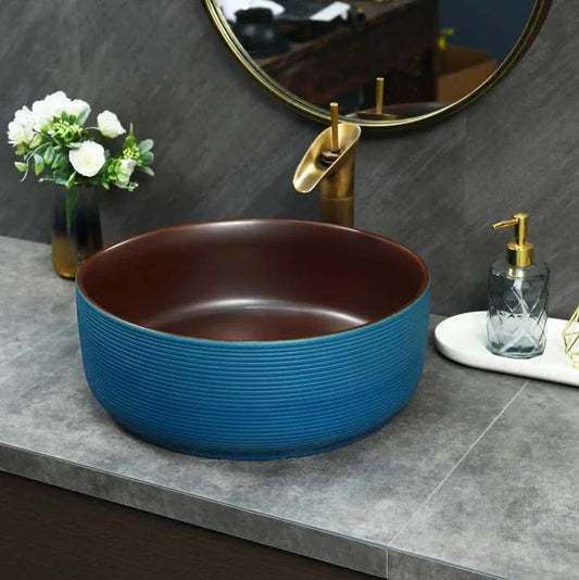 Modern Blue Round Porcelain Basin – Luxury Countertop Vessel Sink for Bathroom Vanity, Home, and Hotel