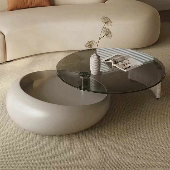 Modern Round Glass Center Table – Minimalist Coffee Table with Sculptural Base
