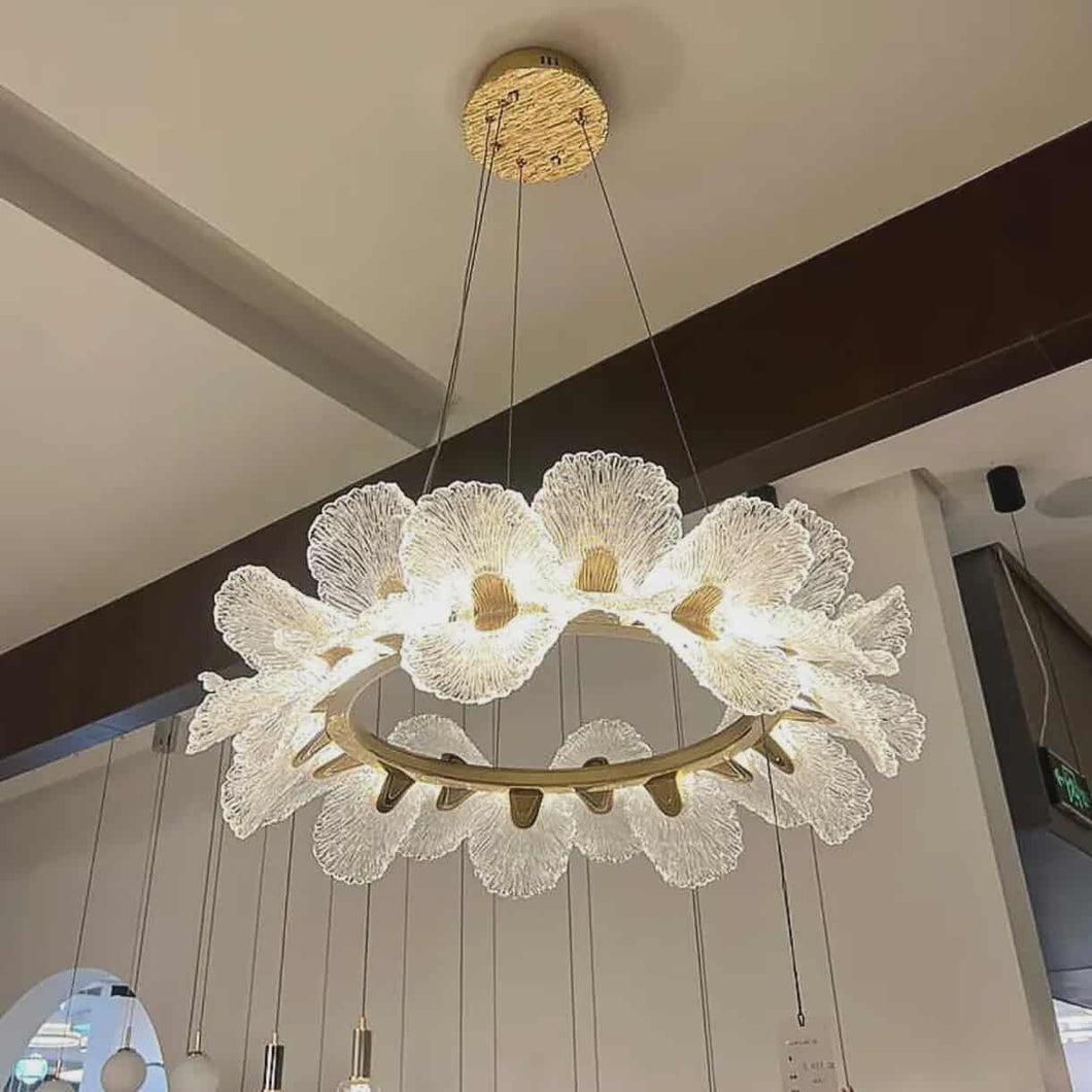 Luxury French White Carved Glass Flower LED Pendant Chandelier