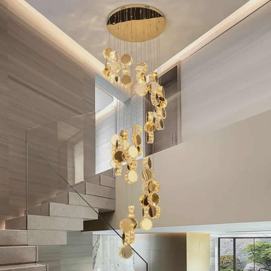 Gold Chandeliers Ceiling Luxury Round Led Light Crystal Electroplated Stainless Steel Gold-Tri color Staircase Chandelier High Ceiling-50cm -CUSTOMIZE FOR OTHER SIZES