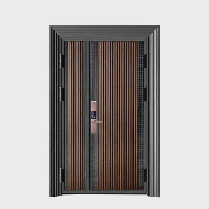 Modern Luxury Security Double Door | Vertical Wood Panel Steel Entry Door with Digital Lock