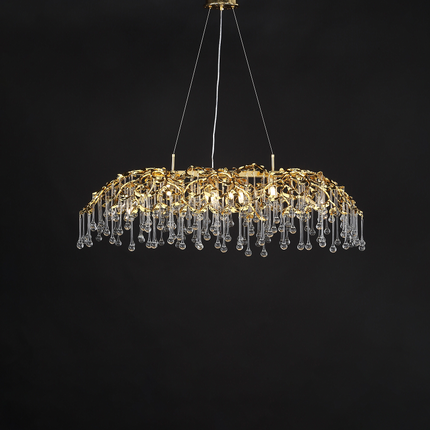 Luxury Gold Leaf Chandelier with Crystal Glass Droplets – Elegant Pendant Light for Living Room, Dining Room & Villa Interiors