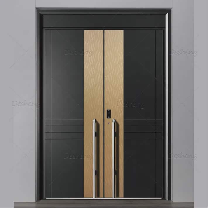 Luxury Modern Double Steel Entrance Door – Black & Gold Design with Long Pull Handles