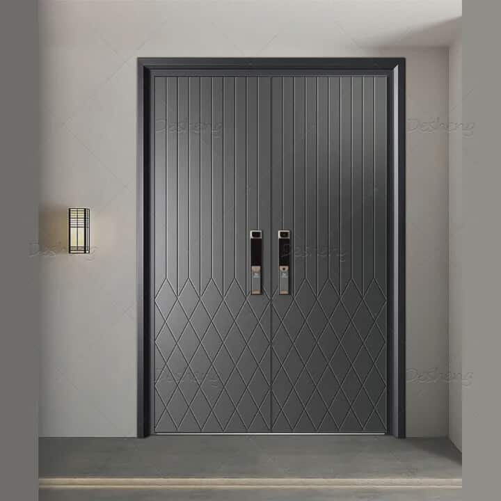 Modern Double Security Steel Door – Luxury Grooved Design Entrance Door with Smart Lock