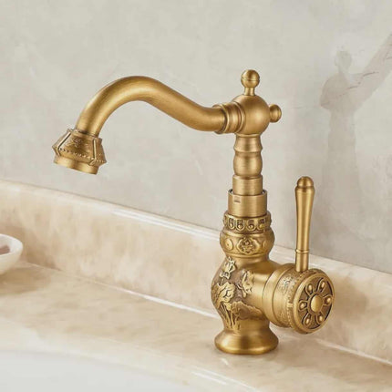 European Style Antique Brass Bathroom Faucet – Full Brass Carving with Hot & Cold Water