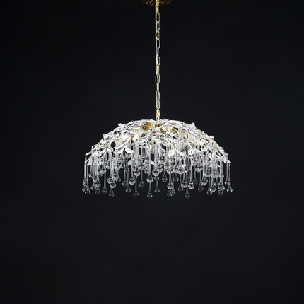 Luxury Gold Leaf Chandelier with Crystal Glass Droplets – Elegant Pendant Light for Living Room, Dining Room & Villa Interiors