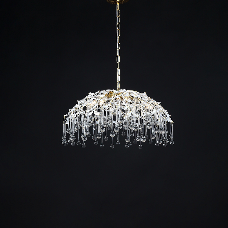 Luxury Gold Leaf Chandelier with Crystal Glass Droplets – Elegant Pendant Light for Living Room, Dining Room & Villa Interiors