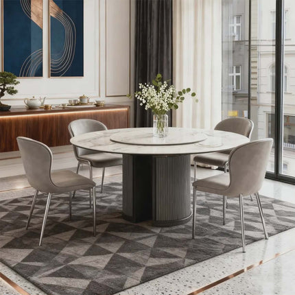 Ensemble table et chaises de salle à manger rondes extensibles de luxe italiennes – 6 places, en pierre frittée