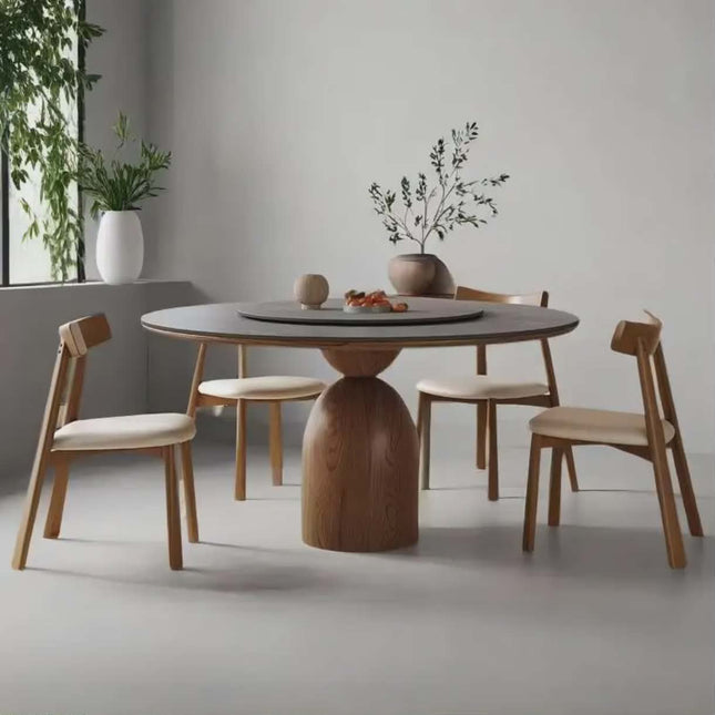 Modern Round Wooden Dining Table Set with Sculptural Base – 4 to 6 Seater