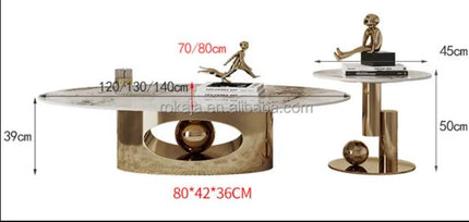 Luxury Sintered Stone Top Ellipse Coffee Table Side Table Combination Modern Silver Gold Stainless Steel Center Table Set