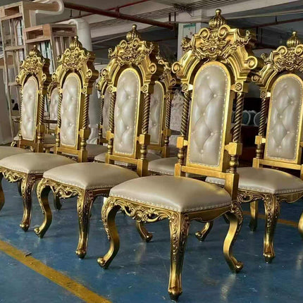 Royal Luxury Dining Chair Wedding Chesterfield Wood Sofa – White & Gold Throne Chair for Weddings, Hotels, and Living Rooms