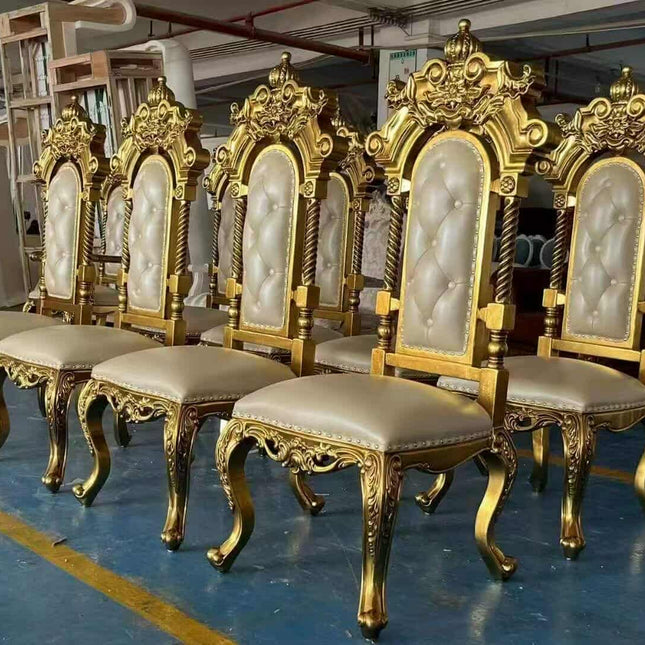 Royal Luxury Dining Chair Wedding Chesterfield Wood Sofa – White & Gold Throne Chair for Weddings, Hotels, and Living Rooms