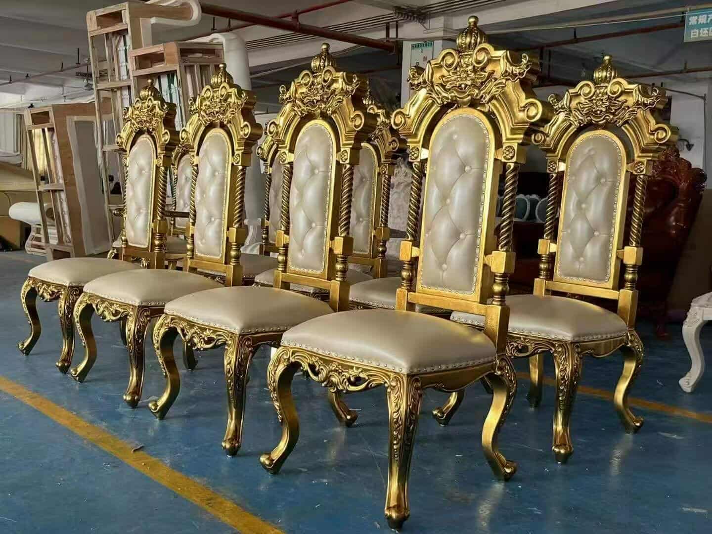 Royal Luxury Dining Chair Wedding Chesterfield Wood Sofa – White & Gold Throne Chair for Weddings, Hotels, and Living Rooms