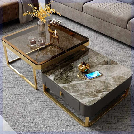 Zweiteiliger Couchtisch aus Edelstahl mit Glasplatte, passend für das Wohnzimmer 