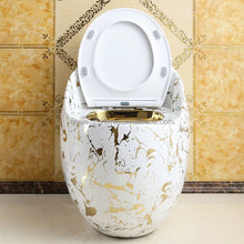 Загрузить изображение в средство просмотра галереи, Luxury Round Egg Shape Floor Mount Toilet – Modern White &amp; Gold One-Piece Siphonic WC for Elegant Bathrooms
