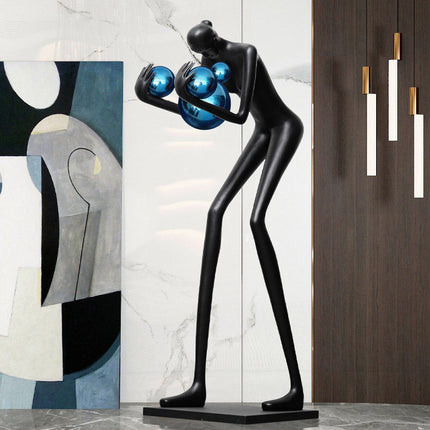 Large Resin Figure Holding Ball Sculpture Elegant Design for Hotel Exhibition Halls or Decorative Floor Lamp