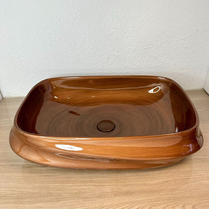 Rectangular Brown Porcelain Bathroom Sink – Glossy Wood Grain Countertop Wash Basin, Modern Luxury Vessel Sink