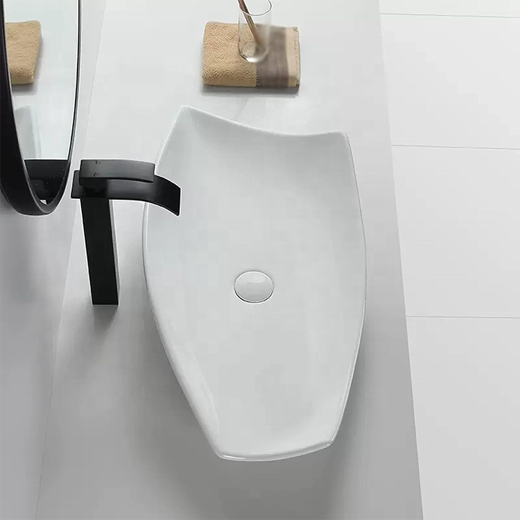 Unique Design White Porcelain Above Counter Hand Washing Basin Modern Bathroom Art Vessel Sink Irregular Shape Top Mount Vanity Wash Basin