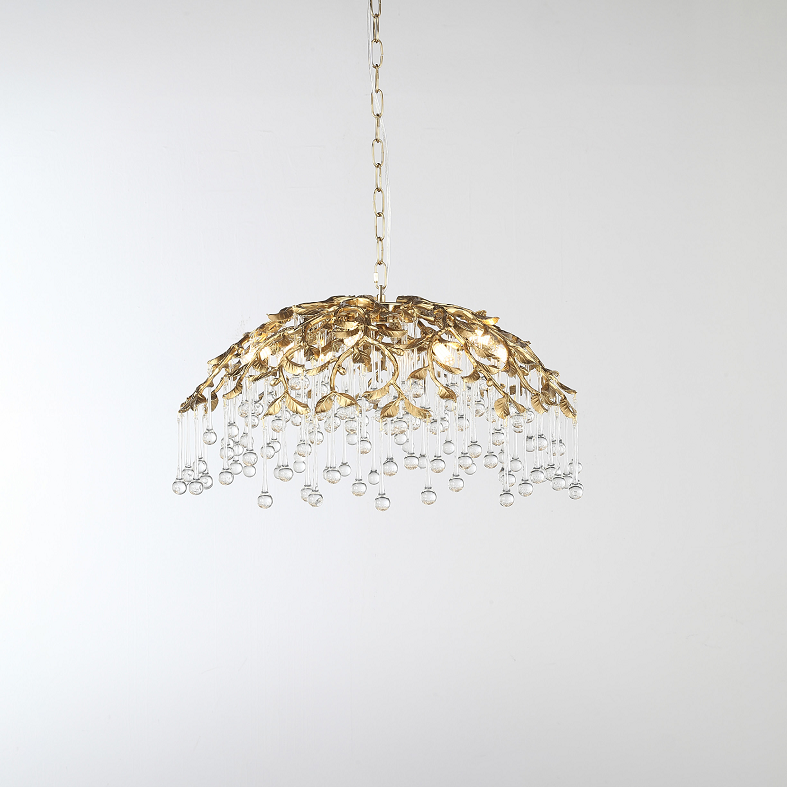 Luxury Gold Leaf Chandelier with Crystal Glass Droplets – Elegant Pendant Light for Living Room, Dining Room & Villa Interiors