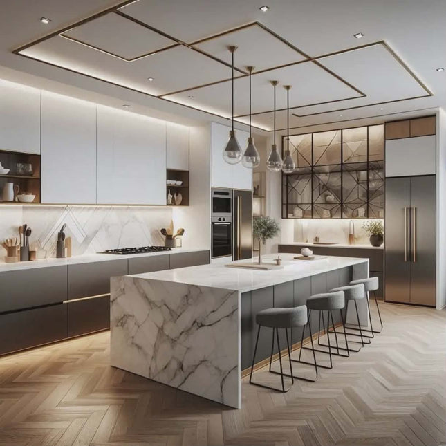 Modular Matte Lacquer Kitchen Cabinet Set with Marble Countertop & Sink Base