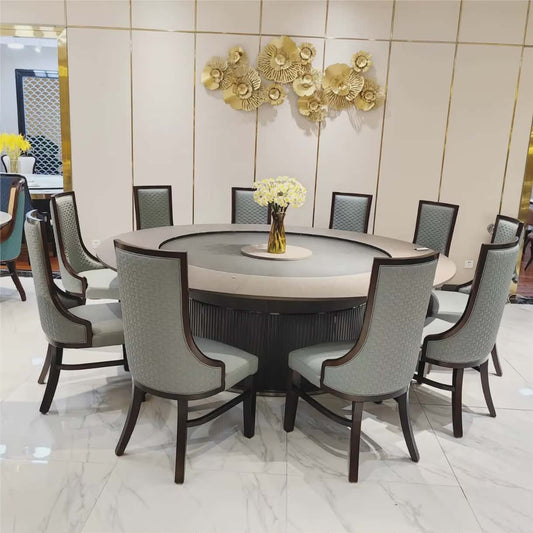 Luxury Solid Wood Electric Rotating Dining Table Desk with Genuine Leather – Large Modern Multi-Function Furniture