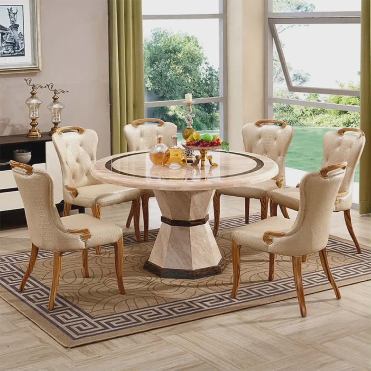 Nordic Round Marble Dining Table with 6 Chairs – Luxury Solid Wood & Genuine Leather Dining Set