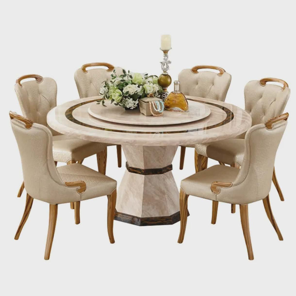 Nordic Round Marble Dining Table with 6 Chairs – Luxury Solid Wood & Genuine Leather Dining Set