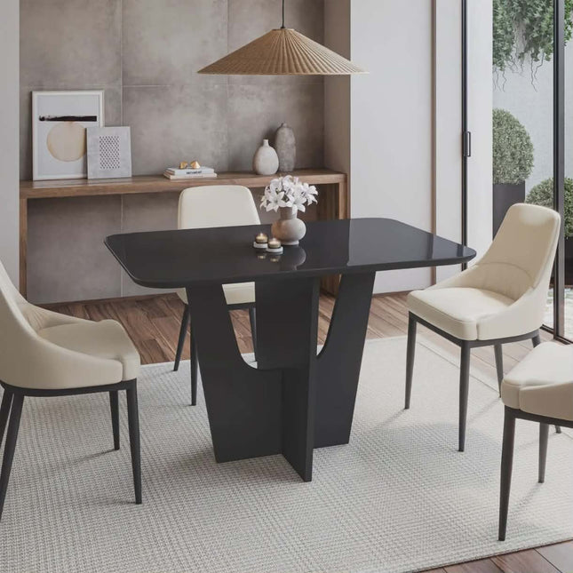 Italian Modern 4-Seater Compact Dining Table with Tempered Glass Top & Black Wooden Base