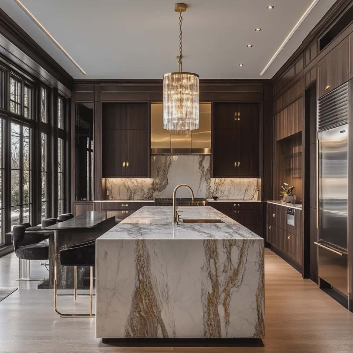 Luxury Modern Marble Kitchen Design & Set-up with Dark Wood Cabinets