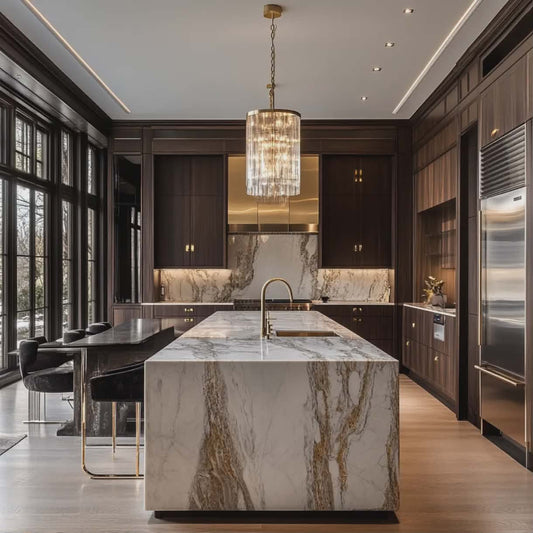 Luxury Modern Marble Kitchen Design & Set-up with Dark Wood Cabinets