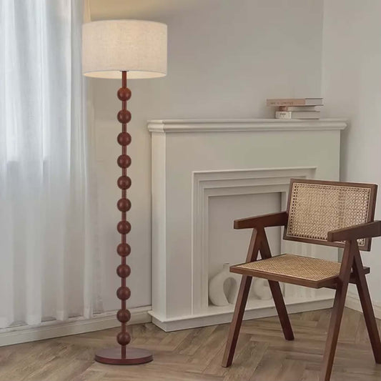 Nordic Vintage Wooden Bead Floor Lamp with Fabric Shade