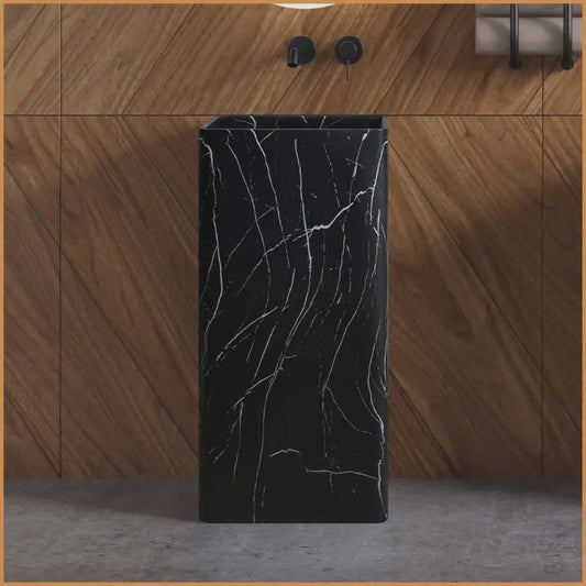 Black Natural Travertine Stone Pedestal Basin | Square Integrated Cuboid Bathroom Sink