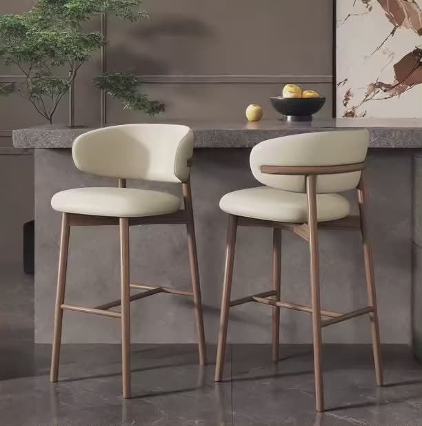 Modern Iron & Wood Bar Stool with Leather Seat