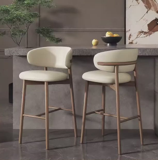 Modern Iron & Wood Bar Stool with Leather Seat