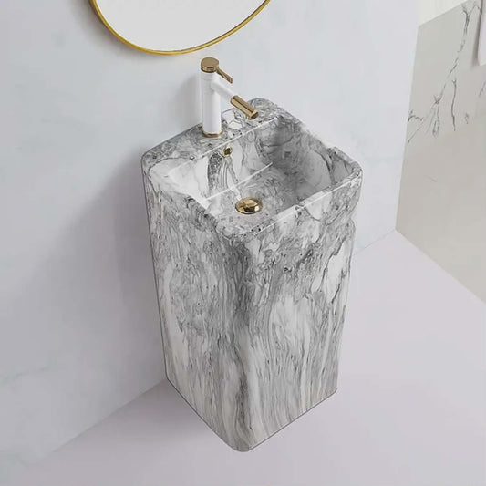 White Modern Freestanding Marble Style Pedestal Basin | Luxury Stone Bathroom Sink