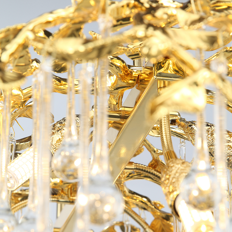 Luxury Gold Leaf Chandelier with Crystal Glass Droplets – Elegant Pendant Light for Living Room, Dining Room & Villa Interiors