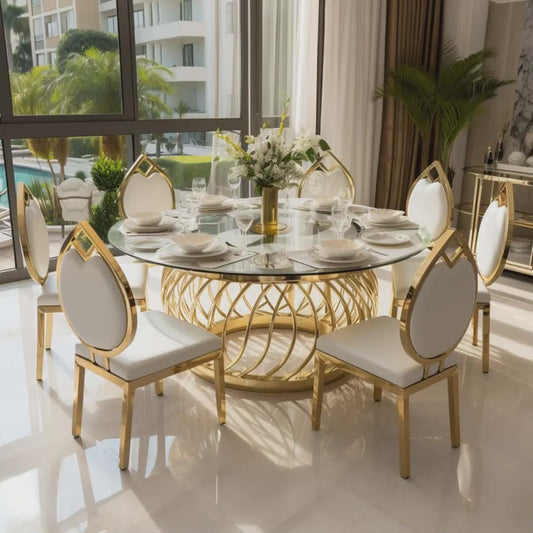 White and Gold Modern Stainless Steel Round Dining Table – Customizable Glass Top