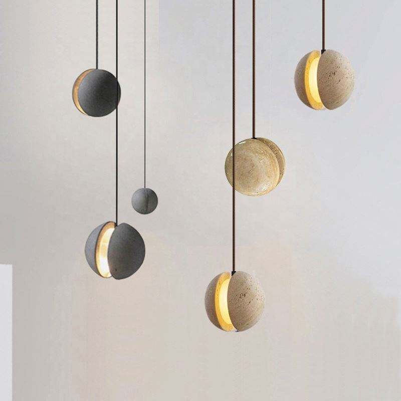 Travertine Stone Pendant Light – LED Hanging Ball Chandelier for Kitchen Island & Dining Spaces