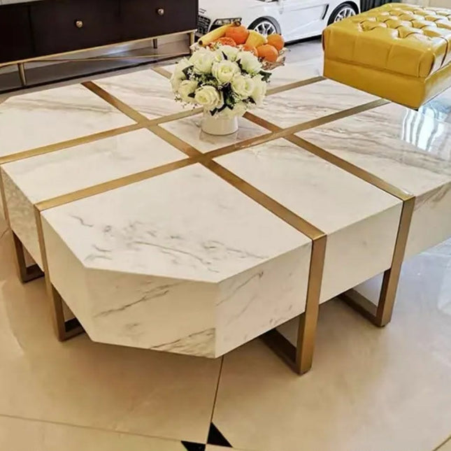 Modern Luxury Marble Coffee Table with Stainless Steel Base – Geometric Center Table for Living Room