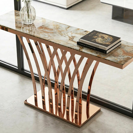 Luxury Marble Console Table Rose Gold Stainless Steel Base – Modern Entrance Table Console