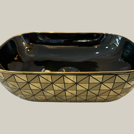 Vasque à poser carrée en porcelaine or et noir, motif géométrique